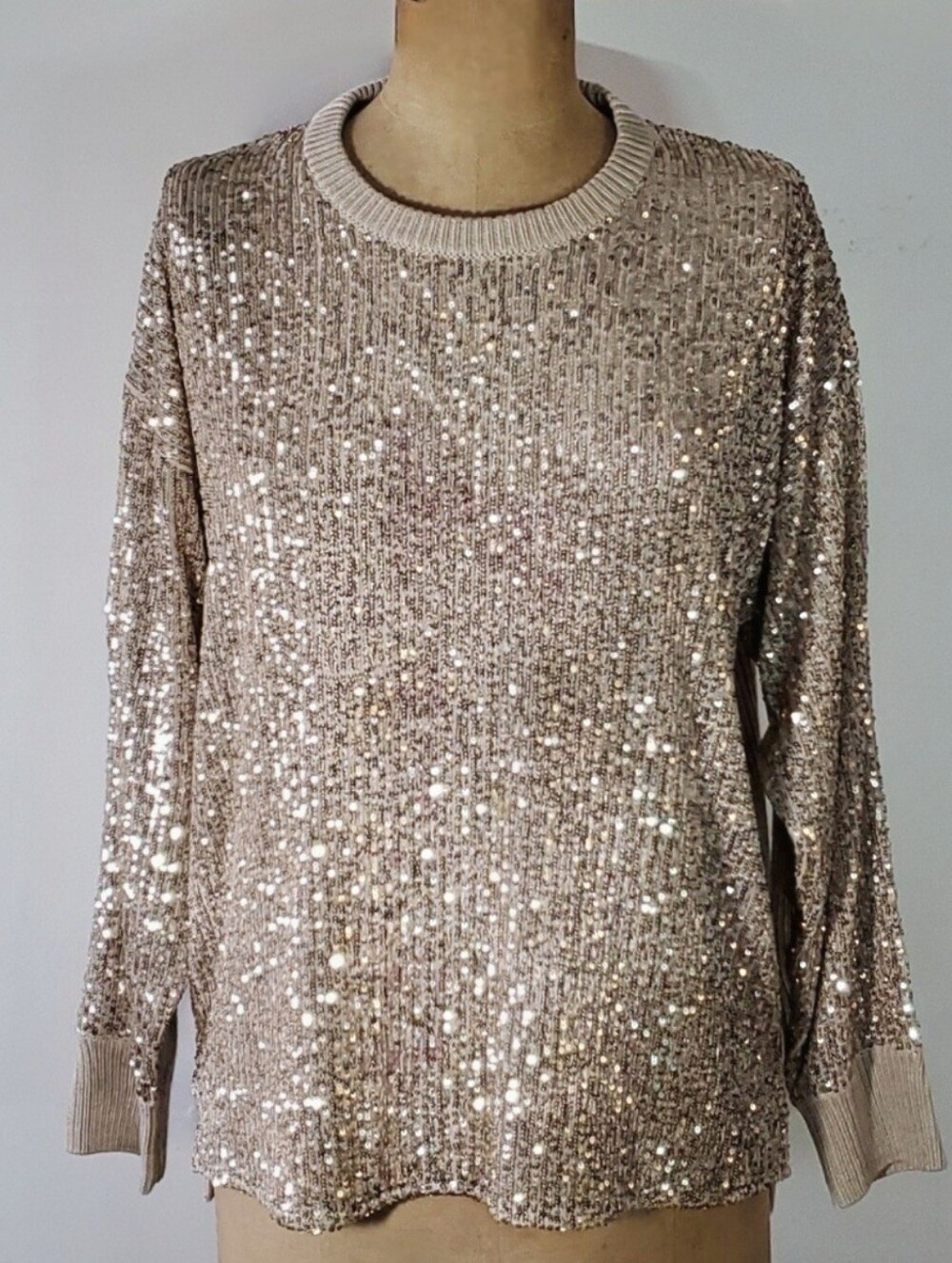 Calvin Klein Size L Sweater Formal Sequin Chiffon Front Knit Beige Long Sleeve